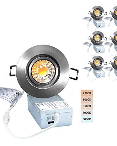 POPANU Premium Canless Recessed Gimbal Downlight Rotatable-Spotlight 5 CCT Eyeball Ceilling Potlight, Dimmable Lights Fixture with Junction Box, 8W CCT Adjustable (Brushed Nickel, 3 Inch)