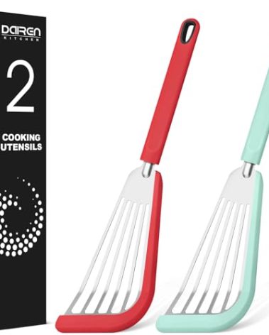 Silicone Fish Spatula Turner Set of 2, Thin Slotted Spatulas Turner for Nonstick Cookware,Heat Resistant Flexible Stainless Steel Kitchen Cooking Spatula Flipper for Fish, Egg, Pancake (RGN)