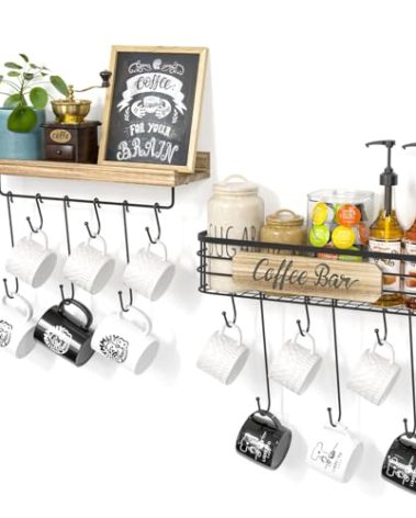 Filano Coffee Cup Holder 2 Pack Coffee Bar Shelf with 12 Mug Hooks, Mug Organizer Floating Mug Racks for Wall, Coffee Cup Display Hanger Pods Holder, Farmhouse Coffee Bar Decor Kitchen Accessories