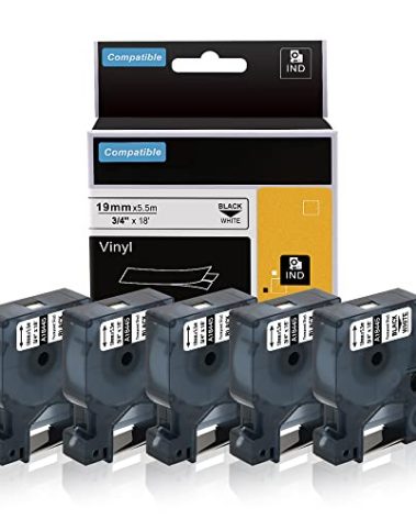 18445 Rhino Label Tape Replacement for Dymo Rhino Industrial Permanent Vinyl Labels Tape, 3/4" (19MM), Work for 4200 5000 5200 6000 Label Maker Refills, Black Print on White Tape, 19mm x 5.5m, 5-Pack