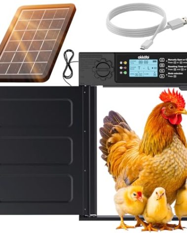 Okköbi Automatic Chicken Coop Door PRO - Solar Powered with LCD Display - Light Sensor & Timer - Anti-Pinch Function - Wide Opening - New Model - 5 Year Protection