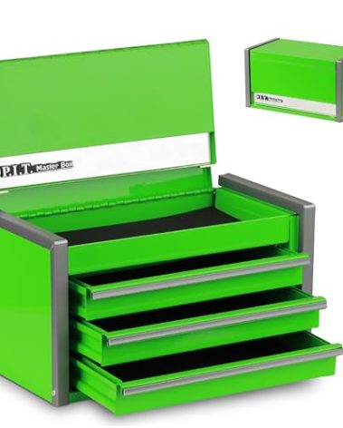 P.I.T. Mini Green Tool Box, Portable 3 Drawer Steel Stackable Tool Box with Magnetic Tab Locking, Green Micro Top Chest with Liner for Tools Storage and Organizers, Home DIY