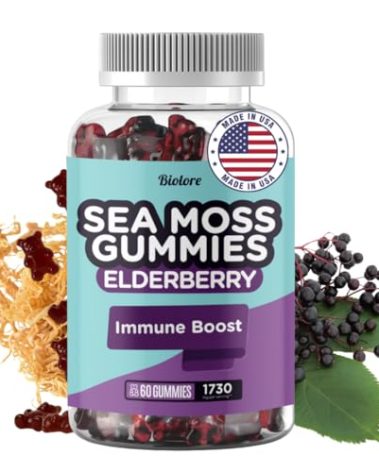 Biolore Sea Moss Gummies with Elderberry - Vegan Gummies for Women, Men and Kids with Bladderwrack & Burdock Root - 60pcs
