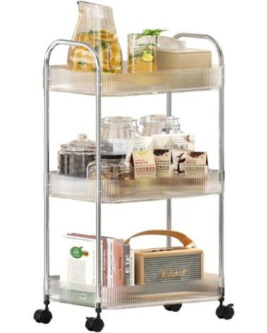 STARLATTA 3 Tier Rolling Cart with Wheels, Utility Trolley with Handle, Clear Acrylic Movable Storage Organizer for Kitchen, Bathroom, Nursery, Laundry, Book, Snack, Craft
