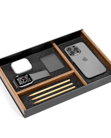 UPERGO Desk Drawer Organizer Tray, Mens Valet Made of Aluminum and Walnut, Aesthetic Desk Accessories for Office Home Supplies