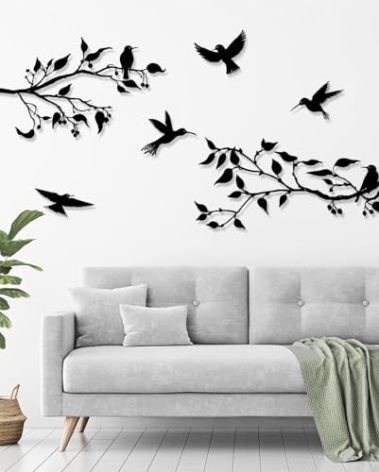 lyyochinn 4 Pieces Large Birds on Branch Metal Wall Art Decor,Black Leaves with Birds Silhouette Metal Wall Art for Livingroom Balcony Garden Patio Decor (Hummingbird)
