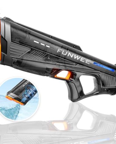 Funwee Electric Water Gun for Adults Kids, Powerful Automatic Squirt Gun, High Powered Shooting 100+ Times, Long Range, Auto Water Blaster, Outdoor Water Toy Game Pool (Transparent Black)