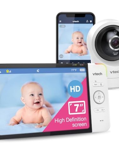 VTech RM7764HD 1080p WiFi Remote Access Baby Monitor, 360° Pan&Tilt, 7” 720p HD Display, HD Night Vision, Soothing Sounds, 2-Way Talk, Temperature Sensor, Motion Detection, iOS & Android