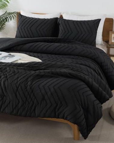 Andency Black Comforter King, Boho Soft Fluffy Warm Lightweight Bedding Comforter Sets for King Bed, 3 Pieces Chevron Tufted Aesthetic Microfiber Lightweight Comforter Set