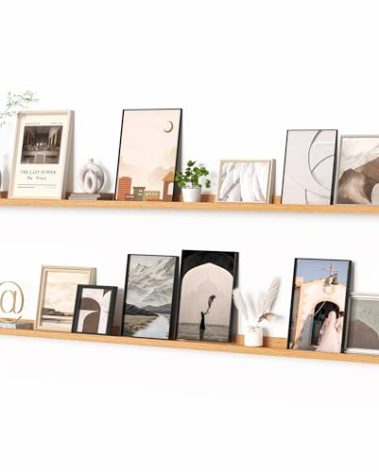 Heimlove Picture Ledge Shelf, Floating Shelves Set of 2, 72 Inches Long Large Picture Shelf for Wall with Ledge, Kids Bookshelf Wall Mounted for Living Room Bedroom Decor Books Photo Frames, Oak