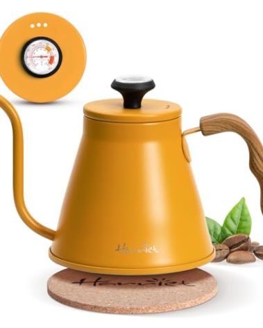 Harriet Gooseneck Kettle with Thermometer for Pour Over Coffee and Tea, 37 fl oz, Stainless Steel, Durable 3-Layer Base, Ideal Spout for Precision Pouring, Compatible with all Stove Tops, Yellow