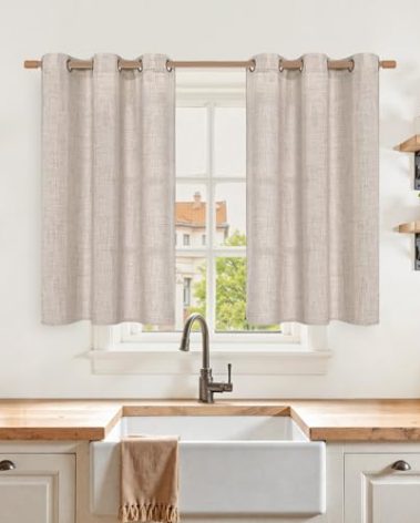 YoungsTex Short Linen Curtains 40 Inch Length for Kitchen Windows - Semi Sheer Drapes Light Filtering Textured with Bronze Grommet Rustic Natural for Bedroom Cafe Bathroom, 2 Panels, 42 X 40 Inch