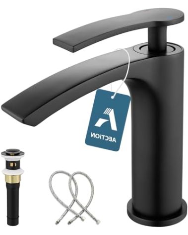 Aection Black Waterfall Bathroom Faucets 1 Hole，Modern Single Handle Bathroom Sink Faucet，Matte Black Solid Brass Faucet for Bathroom Vanity with Metal Pop up Drain and Supply Hoses