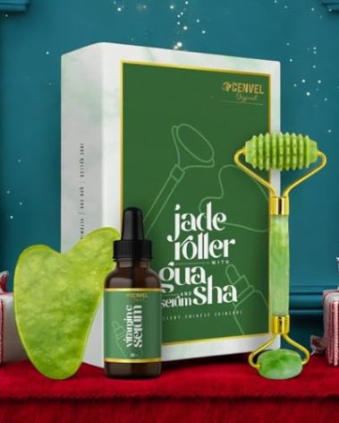100% Real Crystal Jade Stone Roller and Gua Sha Set with Vitamin C Serum | Great for Eye Puffiness Treatment, Skin Tightening, Anti Aging, Rejuvenate Face & Neck | Great Gift for Women & Men (Green)