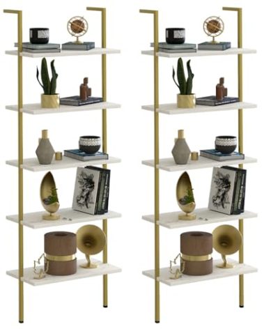 aboxoo Ladder Shelf 2PCS White Marble Bookshelf 5-Tier Wall-Mounted Wood Rack Open Industrial Modern Plant Flower Stand Utility Organizer Bookcase Metal Frame Furniture Office Kitchen Bedroom