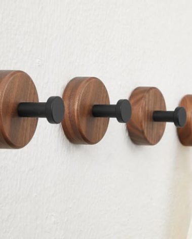 FunViet Wood Wall Hooks,4 Packs Dark Walnut Wood Coat Hooks Wall Mounted(Stick on & Screw in) for Hanging Purse,Hats,Backpacks,Jackets,Bags and Robe(Up to 30lbs),Modern Farmhouse Decor.