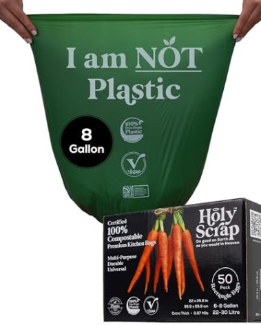 HOLY SCRAP! Medium Compostable Trash Bags - 6-8 Gallon, 50 Pack | Odorless, Plastic-Free & Decomposing Kitchen, Bathroom & Countertop Garbage Bags & Liners | Thick Bin Bags for Green & Food Waste