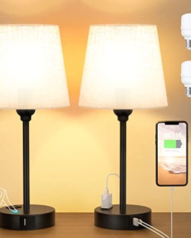 Mini Bedside Lamps for Bedrooms Set of 2 - Nightstand Bedroom Lamps with USB C Port and AC Outlet Charging, Dimmable Touch Small Bed Side Table Lamp, Black Night Stand Light for Kids/Guest Room