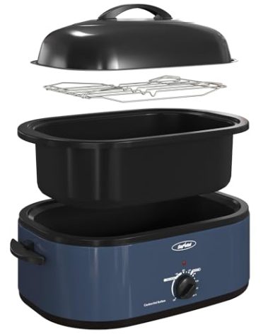 Royalcraft Roaster Oven with Self-Basting Lid, 18qt Electric Roaster with Removable Pan & Rack, Turkey Roaster Oven with Defrost & Warm Function, Stainless Steel, Blue