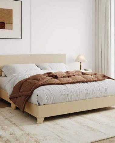 Allewie Full Size Bed Frame with Adjustable Headboard, Upholstered Platform Bed with Wood Slats, Heavy Duty Mattress Foundation, No Box Spring Needed, Noise-Free, Easy Assembly, Beige