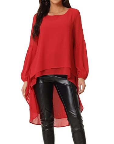 Seta T Women's High Low Tops Lantern Long Sleeve Round Neck Dressy Casual Chiffon Asymmetrical Tops Blouse Large Red