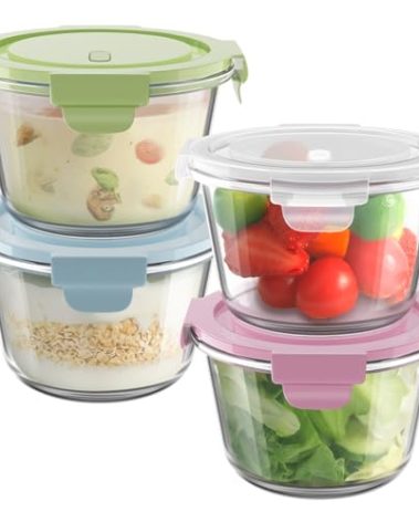 16oz Glass Meal Prep Containers, Airtight 2 Cup Glass Storage Containers with Lids, Heat-Resistant BPA-Free Borosilicate Glass Soup Container for Leftover, Microwave, Dishwasher&Freezer Safe (4 Packs)
