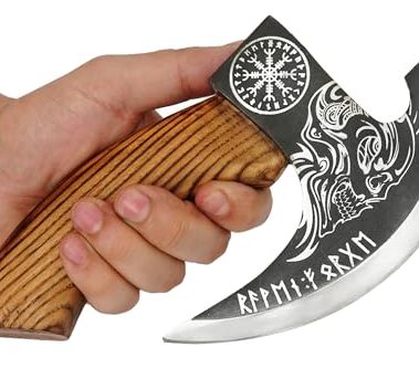 Handmade 8” Pizza Cutter, 6” Cutting Blade with Carbon Steel, Leather Sheath, Skull Design, Viking Style Pizza Cutter Axe Design. Multi-Purpose Cutter… (Dark Wood Handle)