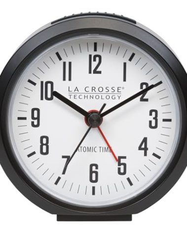 La Crosse Technology 617-710B-INT 4-Inch Round Black Atomic Analog Alarm Clock