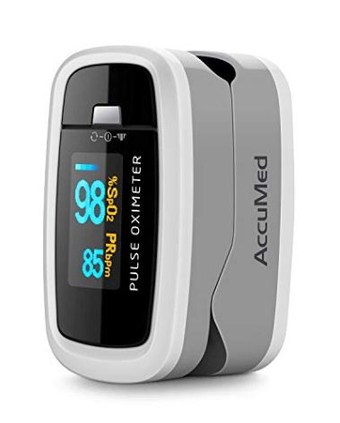 AccuMed CMS-50D1 Fingertip Pulse Oximeter Blood Oxygen Sensor SpO2 for Sports and Aviation. Portable and Lightweight with LED Display, 2 AAA Batteries, Lanyard and Travel Case (White)