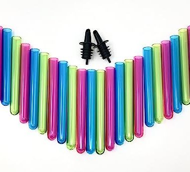 DESERT MERCANTILE 24 Neon Test Tube Shot Glasses - with 2 BONUS Liquor Pourers for Spill Free Pours for Bachelorette Parties, Bars, Pool Parties, Man Caves, New Year's Eve, and more.