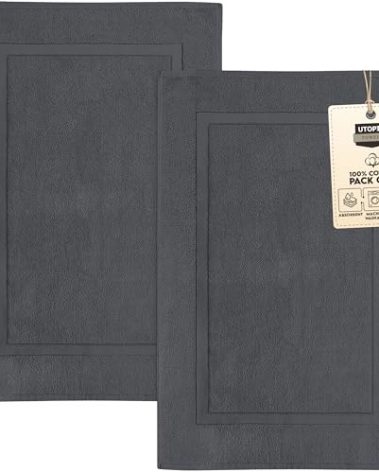 Utopia Towels Cotton Banded Rug, Bath Mats, Not a Bathroom Rug, 21 by 34 Inches, 100% Ring Spun Cotton, Highly Absorbent Shower Bathroom Floor Mat, Gray, 2 Pack