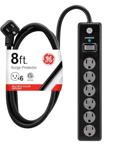 GE Surge Protector Power Strip, 8 Ft Extension Cord, 6 Outlet Extender, 1300 Joules, Flat Plug, Twist-to-Close Safety Covers, ETL Listed, Black, 33662
