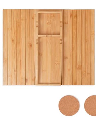 SOCASA Foldable Couch Cup Holder with 2 Cork Coasters – Detachable Bamboo Sofa Tray, Anti-Slip Sofa Armrest Caddy for Drinks, Snacks, Laptops, & Bathtub – Perfect Home & Gift Accessory