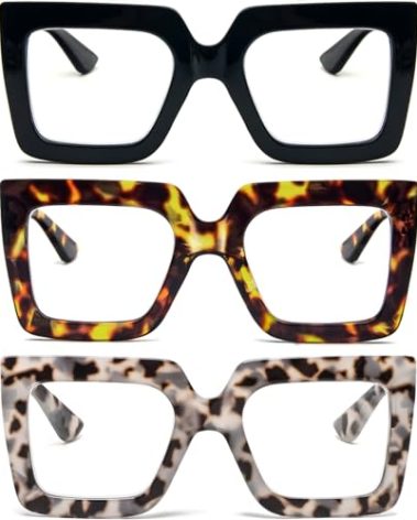REAVEE 3 Pack Oversized Reading Glasses for Women Large Frame Extra Wide, Blue Light Blocking Readers Stylish Square Thick Eyewear,Black+Leopard+Grey Leopard, 1.5