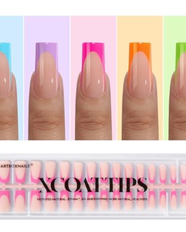 BTArtboxnails XCOATTIPS Press on Nails - French Tip Press on Nails, Long Sqaure Nail Tips, Brighter Pastel Soft Gel Nails False Nail, Soak Off Acrylic Fake Nails Art Extensions