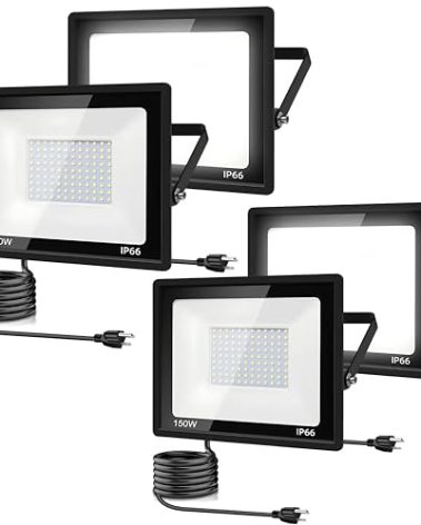 4Pack LED Flood Light Outdoor,150W LED Work Light 15500lm with 6FT US Plug,IP66 Waterproof Exterior Security Lights,6000K Daylight White Outside Floodlights Slim Design for Playground Yard