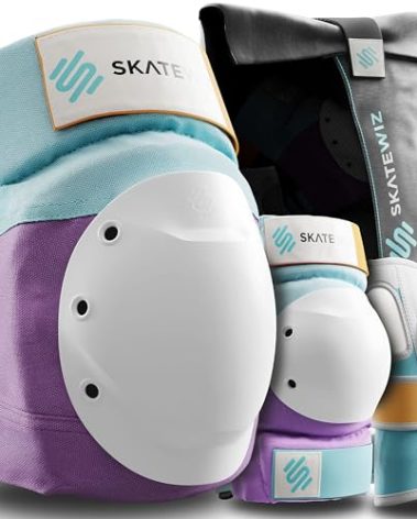 SKATEWIZ Knee and Elbow Pads Set for Adults - Skating Protective Gear With Wrist Pads - Size L Lavender Blue - Roller Skate Shield for Women & Men