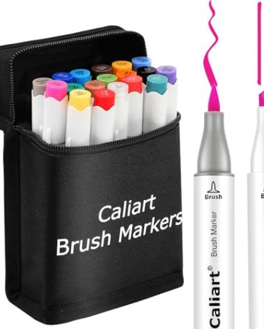 Caliart Markers Brush & Chisel, 18 Colors Alcohol Markers for Adult Coloring Book, Dual Tip Art Pen Set for Artist Illustration Sketch Drawing Gift