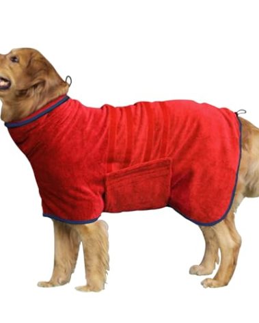 HhiMyOct Dog Drying Coat - Fast Drying Dog Towel Robe - Microfiber Super Absorbent Pet Bathrobe, Adjustable Collar & Belly Strap Pet Coat Pet Bath Robe Towel (XXX-Large, Red)