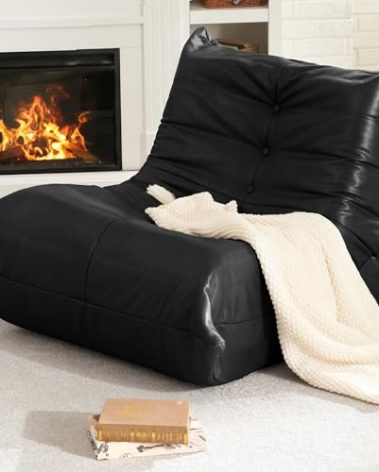 Hobestluk Giant Bean Bag Chair Lazy Floor Sofa, Memory Foam Fireside Sofa for Adults, Big Beanbag Faux Leather Armless Chair for Living Room Bedroom Dorm Office (Black, Single)