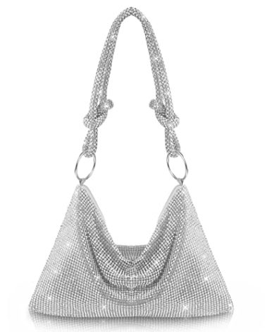 AOYUNHUI Rhinestone Hobo Bag Shoulder Handbags Crystal Evening Clutch Bag for Wedding Reception-Sliver