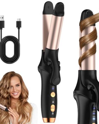 HCRTGAY Curling Iron,Cordless Rechargeable Curling Iron,Cordless Hair Curler(3 Gear),Travel Mini Straightener 4000mAh,USB Charge Battery Flat Iron and Curler 2 in 1 for Long Short Hair(Small & Black)