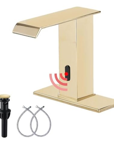 Automatic Sensor Touchless Bathroom Sink Faucet Polished Gold with Drain Assembly Vanity Faucets Hands Gold Bathroom Water Tap with Control Box and Temperature Mixer by GGStudy