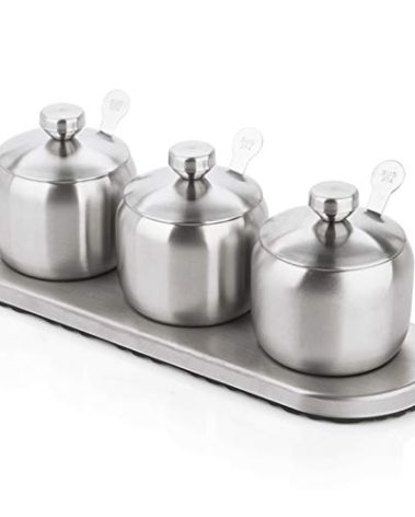 TENTA KITCHEN TENT 18/8 Stainless Steel Seasoning Containers Set Spice Jar Spice Rack Condiment Cruet Bottle Salt Pepper Sugar Storage Organizers with 3 Serving Spoons And Non-slip Base