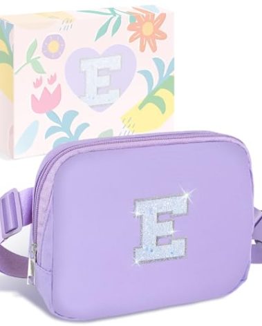COSHAYSOO Purple Fanny Pack Personalized Flower Girl Gift Dance Recital Cheerleader Cheer Team Baptism Gifts for Girls Age 5-7 6-8 8-10 8-12 Initial Belt Bag Crossbody Purse Girly Monogram Letter E