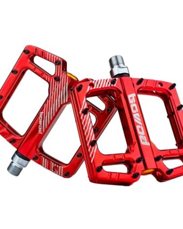 BOWOD Flat Pedals Mountain Bike Pedals Large CNC Aluminium Metal Bike Pedals BMX Parts Red MTB Bicycle Pedals w 9/16" Cr-Mo Spindle 3 Ball Bearings 28 Pins for Adult Ebike Road Bike Pedals Replacement