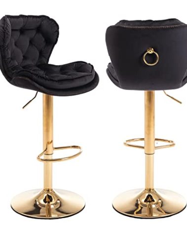SZLIZCCC Modern Swivel Pub Height Barstool, High Dining Chair with Velvet Seat, Backrest, Armless Hydraulic Counter Stool, Gold Base Island Stool(Set of 2 Black)