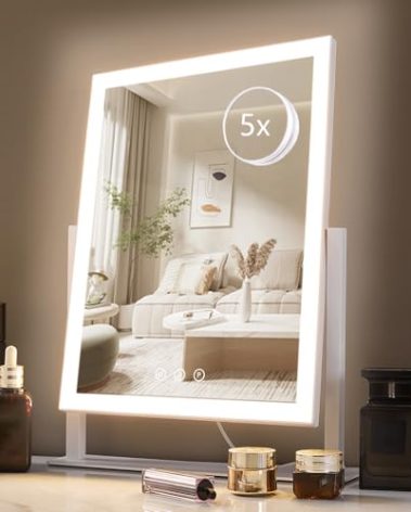 HIEEY Lighted Makeup Mirror, Hollywood Vanity Mirror with Lights, Three Color Lighting Modes, and 5X Magnification Mirror, Smart Touch Control, 360°Rotation (17.3in,White,Gift Box)