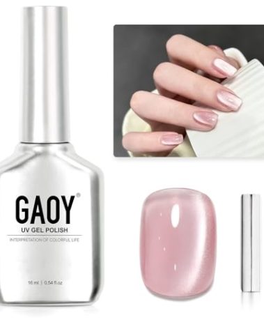 GAOY Pink Glassy Cat Eye Gel Nail Polish, 16ml Glitter Holographic Nail Polish with Magnet, Reflective Translucent UV Gel, 2333 Light Rose