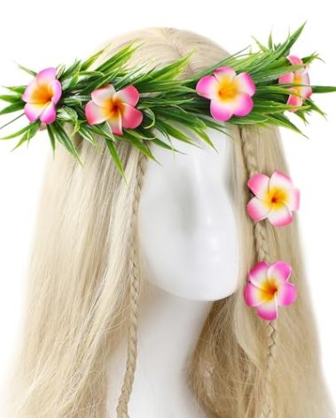 KorViSHOW Hawaiian Flower Crown Headband - 3 Pcs Hawaiian Plumeria Flower Hair Clips Pink Tropical Floral Headpiece Luau Accessories for Women Girls Beach Pool Party Decorations Favors Supplies